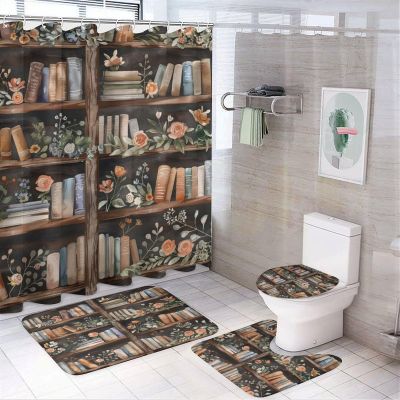 TOWINSFB 4Pcs Vintage Library Book Shower Curtain Sets Bathroom Decor, Retro Bookshelf Rose Floral Shower Curtain with Non Slip Rug, Toilet Lid Cover, Bath Mat and 12 Hooks 72W x 72L
