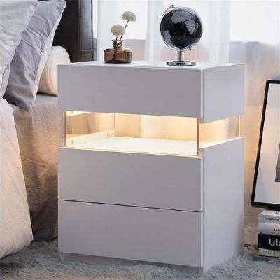 Night Stand,3 Drawer Nightstand,Led Nightstand,Wood Bedside Table,Modern Side Table with Adjustable Lights,Table Top and Open Shelf for Bedroom,Living Room (White)