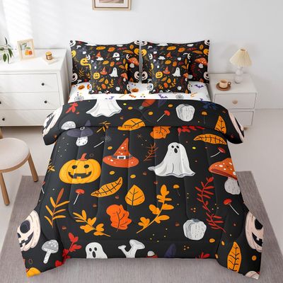 Erosebridal Girls Pumpkin Comforter Set for Boys King Size 7 Piece Bed in A Bag Halloween Bedding Set for Kids Teens Witch Hat All Season for Bedroom,Gothic Skull Reversible Bed Sets