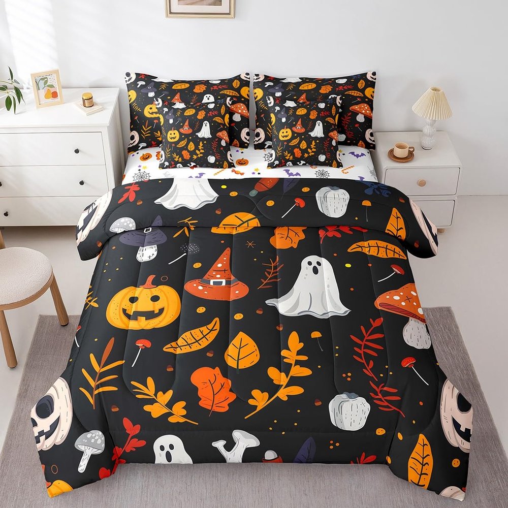 Erosebridal Girls Pumpkin Comforter Set for Boys King Size 7 Piece Bed in A Bag Halloween Bedding Set for Kids Teens Witch Hat All Season for Bedroom,Gothic Skull Reversible Bed Sets