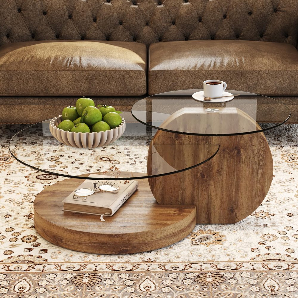 42" Glass Coffee Table, Modern Round Tempered Clear Coffee Tables Decor for Living Room, 3-Tier Circle Coffee Table with Storage Wooden Accent Center Table Side Table for Home Office (Wood)