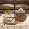 42" Glass Coffee Table, Modern Round Tempered Clear Coffee Tables Decor for Living Room, 3-Tier Circle Coffee Table with Storage Wooden Accent Center Table Side Table for Home Office (Wood) view 1