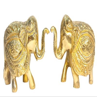 athizay Elephant Set of 2 Brass Statue Showering Pose vastu showpiece Decorative Items Gold Finish for Home Office Table Decor (6 cm Tall)