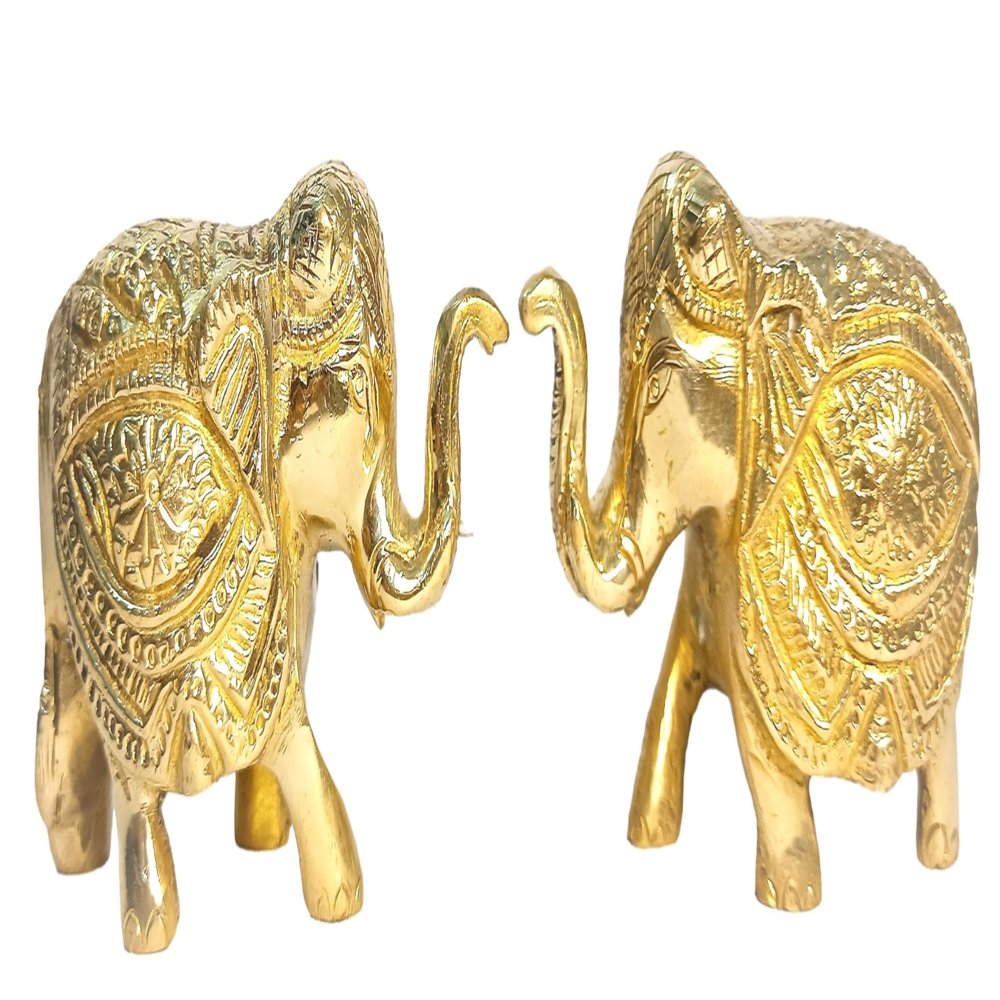 athizay Elephant Set of 2 Brass Statue Showering Pose vastu showpiece Decorative Items Gold Finish for Home Office Table Decor (6 cm Tall)