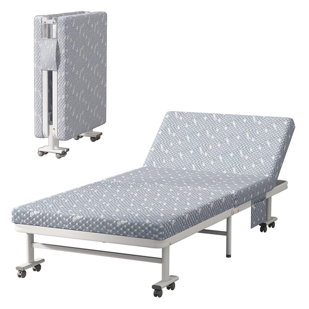 Folding Bed with Mattress for Adults Thickened Steel Pipe Structure with Side Pockets Portable Fold up Guest Bed with Wheels(190 * 90 * 40cm)
