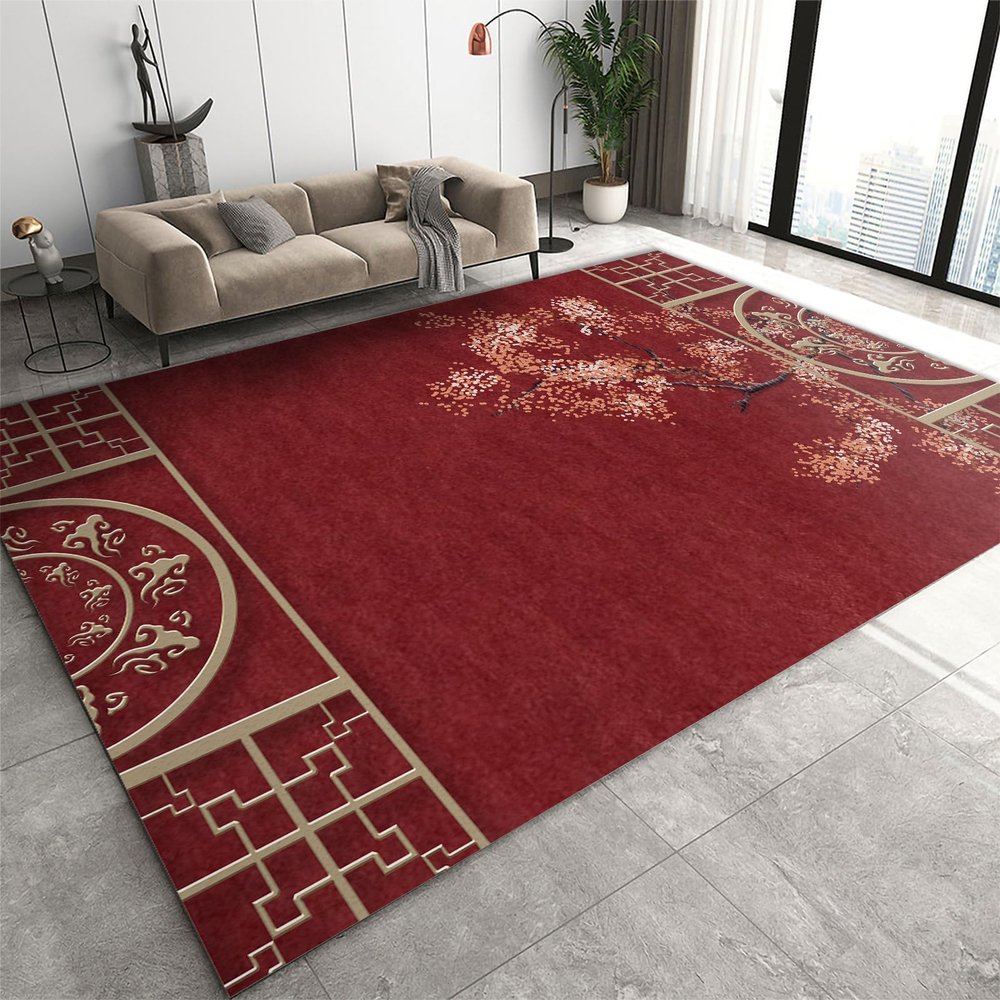 2x4 Runner Rug Asian Traditional Elements Rugs for Entryway, Classic Plum Blossom Chinese Red Washable Kitchen Rugs Soft Non Slip Anti Fatigue for Sink Laundry Indoor Hallways