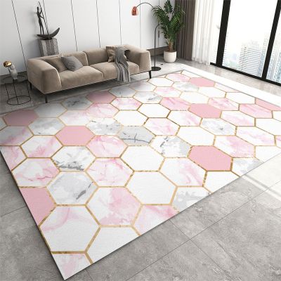 3x4 Rugs for Entryway Light Luxury Pink Gray Marble Low Pile Area Rug, Gold Hexagonal Geometry Kids Bedroom Rug Soft for Coffee Shop Living Room Under Table Game Room
