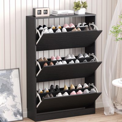 BORNOON Shoe Storage Cabinet with 3 Flip Drawers,Narrow Shoe Rack Cabinet,Freestanding Organizer Storage for Entryway, Hallway, Black