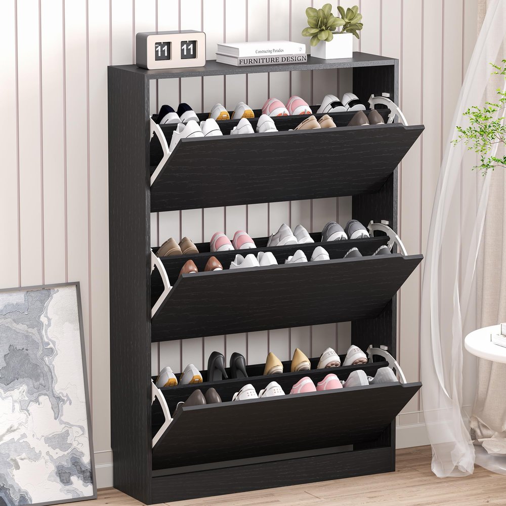 BORNOON Shoe Storage Cabinet with 3 Flip Drawers,Narrow Shoe Rack Cabinet,Freestanding Organizer Storage for Entryway, Hallway, Black