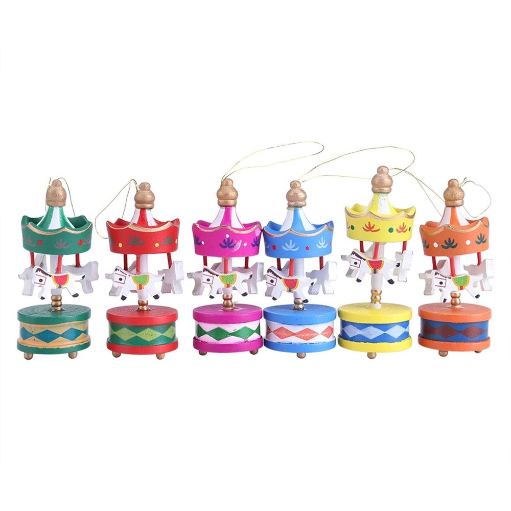6Pcs/Set Wooden Carousel with Hanging Strap, Merry Go Round Wood Horse, Festival Room Decoration Present for Cafe Living Room Office Table or Bedroom Decor