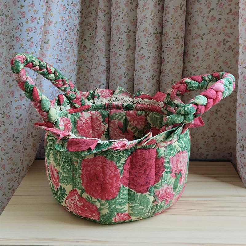 BOOMLATU Handmade Romantic Floral Round Cotton Rope Woven Storage Baskets with Handles and Lace Decor for Storing Toys, Household Items, Supplies 10" x 6.2in (Style 1)