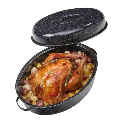 19 Turkey Roasting Pan Enamel Oval Granite Large Roaster Pan with Lid with 17in Inner Diameter Large Capacity Suitable for Thanksgiving Enamel Cook Ware Dishwasher Compatibility Oven Christmas Gift