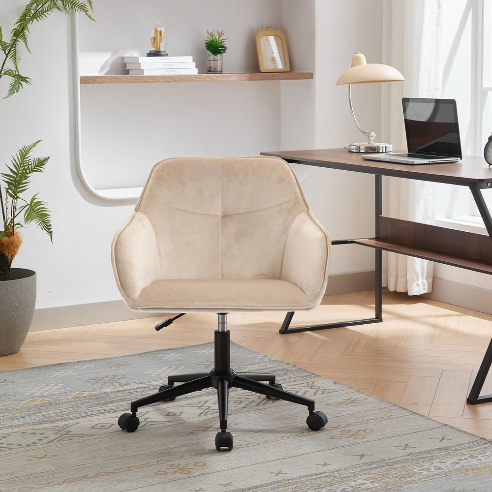 Home Office Swivel Desk Chair,Modern Velvet Vanity Chair with Adjustable Wide Back,Cute Upholstered Rolling Chair,Task Study Armchair with Wheels for Bedroom,Study Room,Classroom (Light Camel)