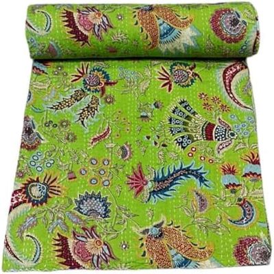 Aizza Trends Handmade Pure Cotton Kantha Quilt, Traditional Look Bed Spread, Bed Cover, Kantha Gudri (Green-1, Twin Size 60" x 90")