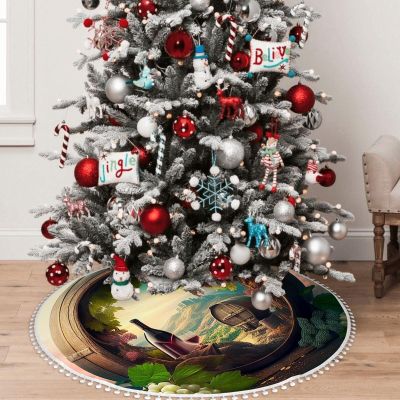 1pcs Wine and Barrel Illustration Pattern Christmas Tree Skirt, 48 inches Christmas Tree Decoration for Xmas Indoor Home Holiday,Multicolor