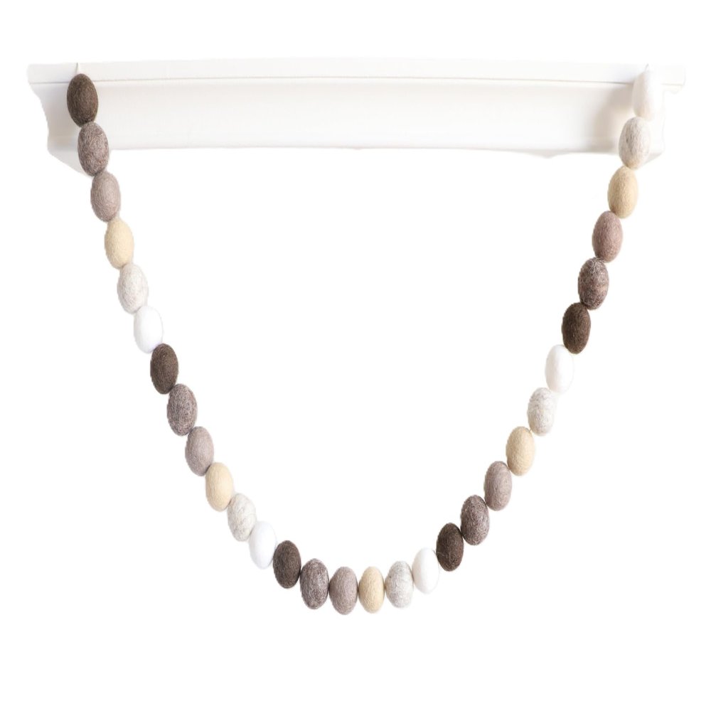 Mini Felt Factory | Felt Garland ~7 Ft Boho 100% Wool Pom Balls (30 Pcs) Brown Boho Tan Neutral Tone White | Decor Mantel Hanging Seasonal Banner Craft Wall Party