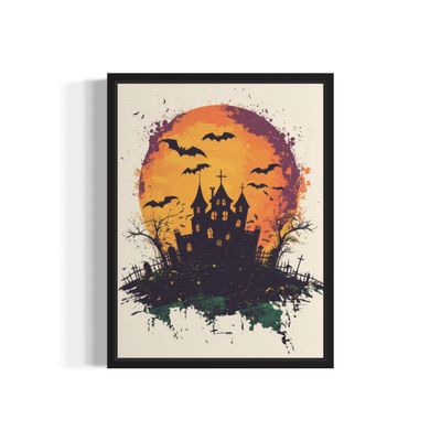 (Haunted House and Bats Poster Art Print, Halloween Scary Vintage Wall Art Decor Spooky Painting Decoration for Horror Prints, Gothic Posters (Haunted House and Bats, 16x20 inches + (Black Frame))