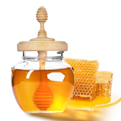 Bitbat Honey Pot 17oz Glass honey jars with dipperWooden Honey Dipper StickHoney Jars with Lids,Glass Honey Dispenser/Containers with Wooden Honey Dipper