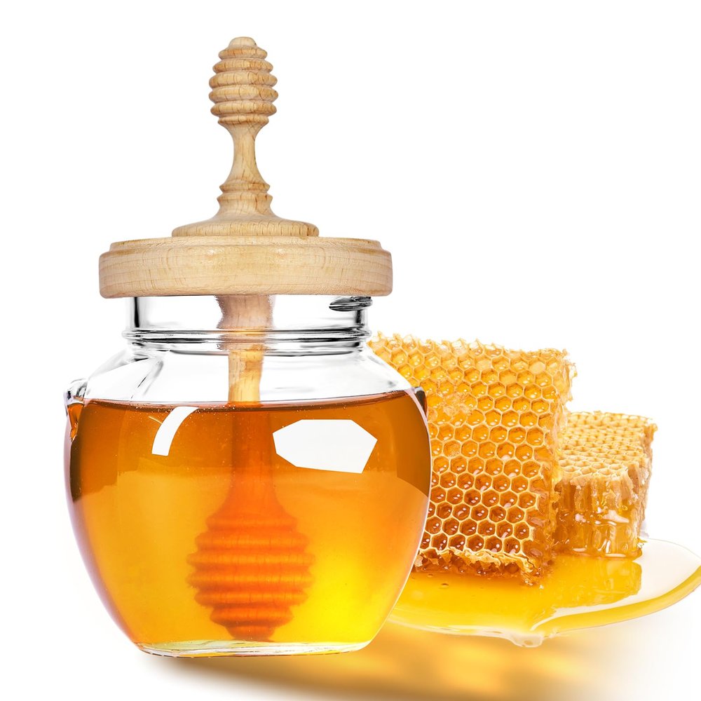 Bitbat Honey Pot 17oz Glass honey jars with dipperWooden Honey Dipper StickHoney Jars with Lids,Glass Honey Dispenser/Containers with Wooden Honey Dipper