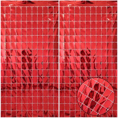 2 Pcs Red Foil Fringe Square Curtain Backdrop - Red Streamers Party Decorations, Sequin Square Curtain Photo Backdrop Props for Birthday Party Graduation Bachelorette Wedding Decor, 3.3 x 6.6 Ft