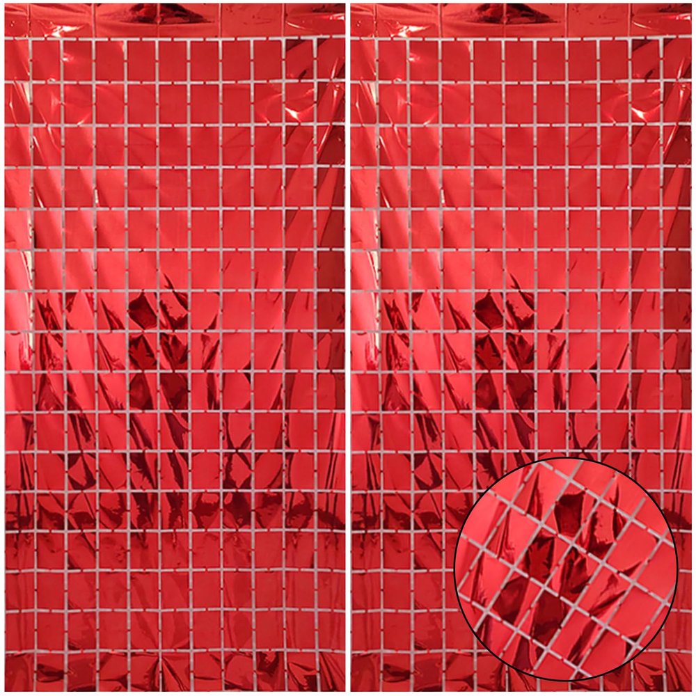 2 Pcs Red Foil Fringe Square Curtain Backdrop - Red Streamers Party Decorations, Sequin Square Curtain Photo Backdrop Props for Birthday Party Graduation Bachelorette Wedding Decor, 3.3 x 6.6 Ft