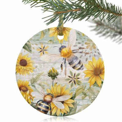 Floral Bee Ornament Christmas Tree Ornaments, Vintage Yellow Sunflower Farmhouse Wood Personalized Pendant for Halloween Xmas Thanks Day Indoor & Outdoor Home Decor, Women/Men Decoration