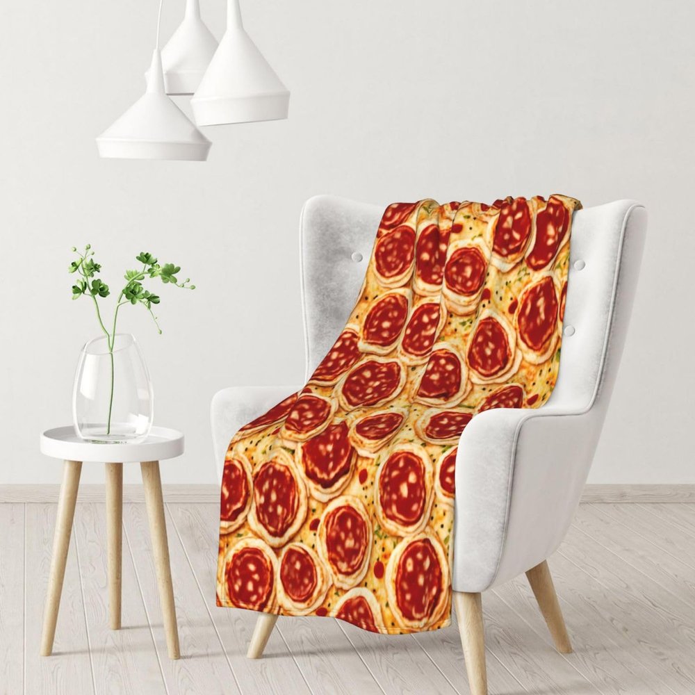 3D Pizza Pepperoni Print Warm All Season Flannel Throw Lightweight Cozy Soft Blanket Functional Throw Blanket