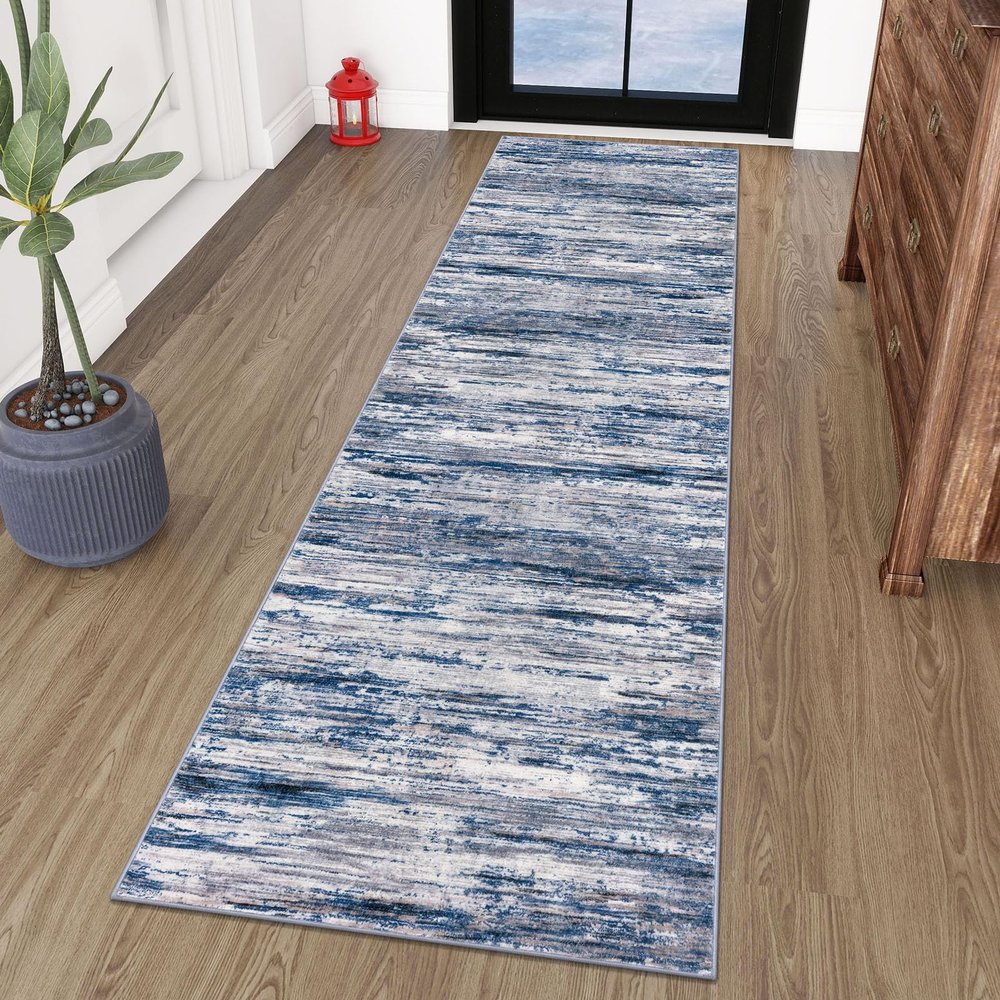 SIILOOM 2x8 Modern Abstract Runner Rug for Hallways, Navy Blue Gray Neutral Multi Super Soft Hallway Decor Kitchen Rugs with Non-Slip, Non-Shedding Washable Rug for Entryway Bedroom Indoor