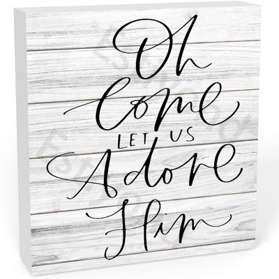 Oh Come Let Us Adore Him Wooden Box Sign Desk Decor, Wood Block Plaque Sign For Home Bathroom Shelf Decor