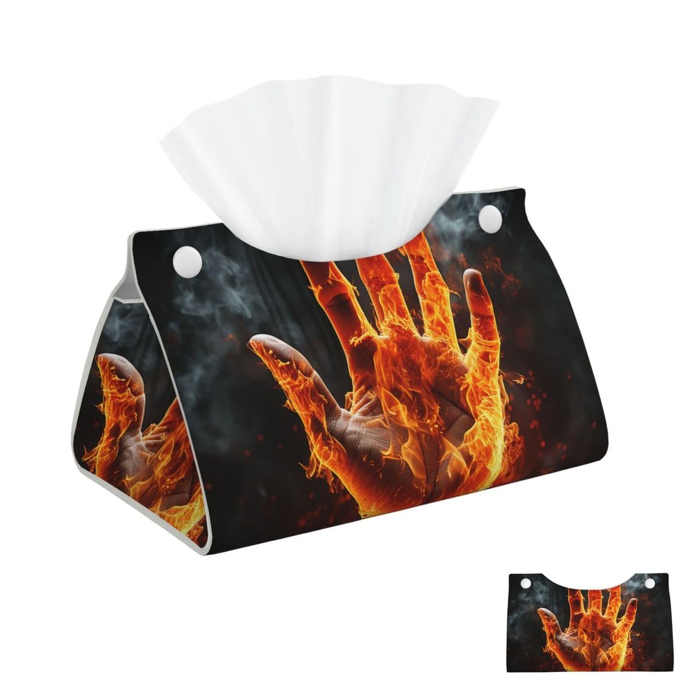 Tissue Box Cover PU Leather Rectangular Tissue Box Fire Flame Hand Tissue Holder Napkin Dispenser Decorative Tissue Box Holder Paper Holder for Bathroom Office 7.9" L x 4.9" W x 4.5" H