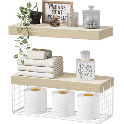 QEEIG Bathroom Shelves Over Toilet Wall Mounted (Natural, Set of 2, 15.7")