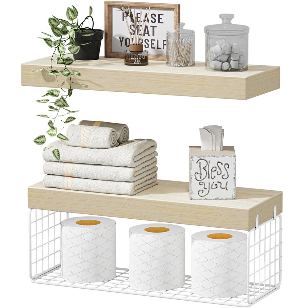 QEEIG Bathroom Shelves Over Toilet Wall Mounted (Natural, Set of 2, 15.7")