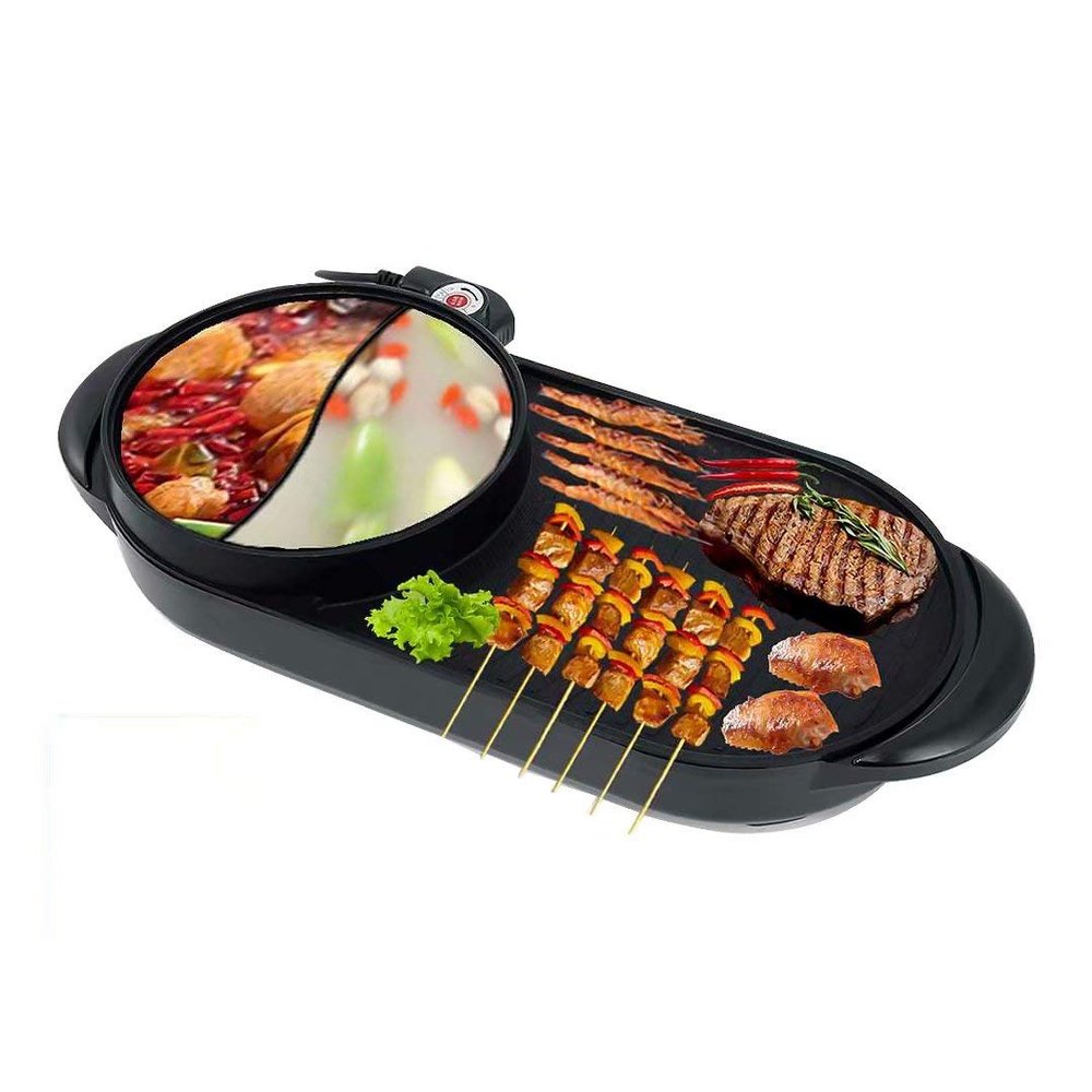 Dntum Electric Grill Indoor Hot Pot, Multifunctional Teppanyaki Grill/Hot Pot with Divider Separate Dual Temperature Contral, Capacity for 3-5 People Family Gatherings