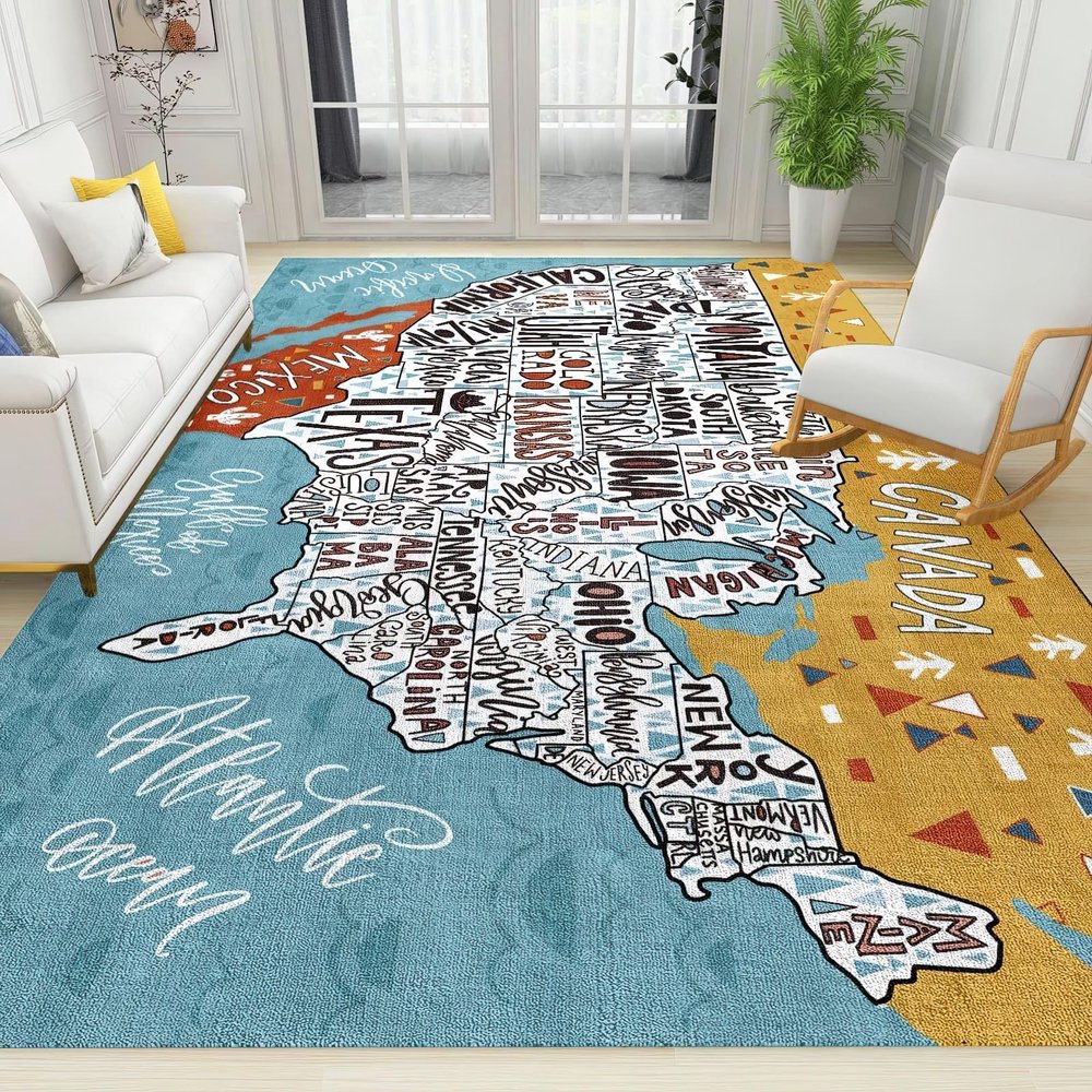2x3 Rug Modern Children USA Map Washable Rugs, Cartoon Learning Education Laundry Room Carpet Non Slip Throw Rugs for Bathroom Kitchen Sink Front Door Bedroom Bedside