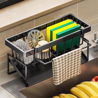 PAPABA Sponge Holder for Kitchen Sink Kitchen Sink Caddy Organizer Sink Caddy Sponge Holder Dish Drying Rack for Kitchen Sink Draining Rack with Tilted Water Tray for Countertop Storage (Black)