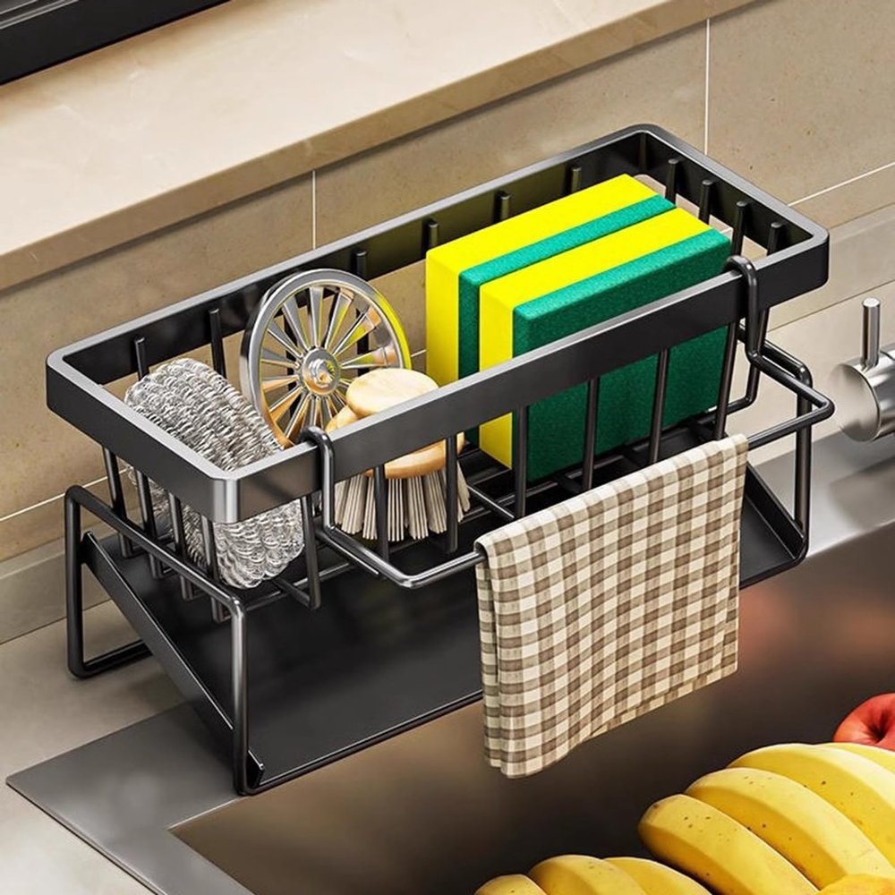 PAPABA Sponge Holder for Kitchen Sink Kitchen Sink Caddy Organizer Sink Caddy Sponge Holder Dish Drying Rack for Kitchen Sink Draining Rack with Tilted Water Tray for Countertop Storage (Black)