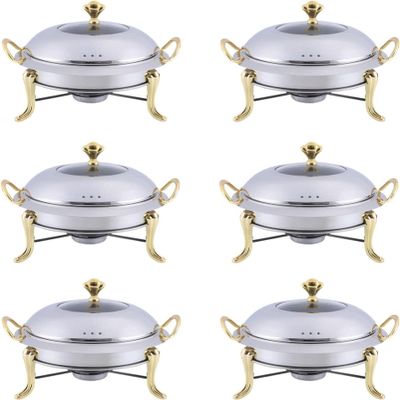 28cm Round Chafing Dishes Food Warmers for Party Wedding Banquet, 1/2/4/6 Packs Stainless Steel Buffet Dining Server Dish Warming Tray with Lid, Food Pan and Fuel Holders,Gold-6 Packs