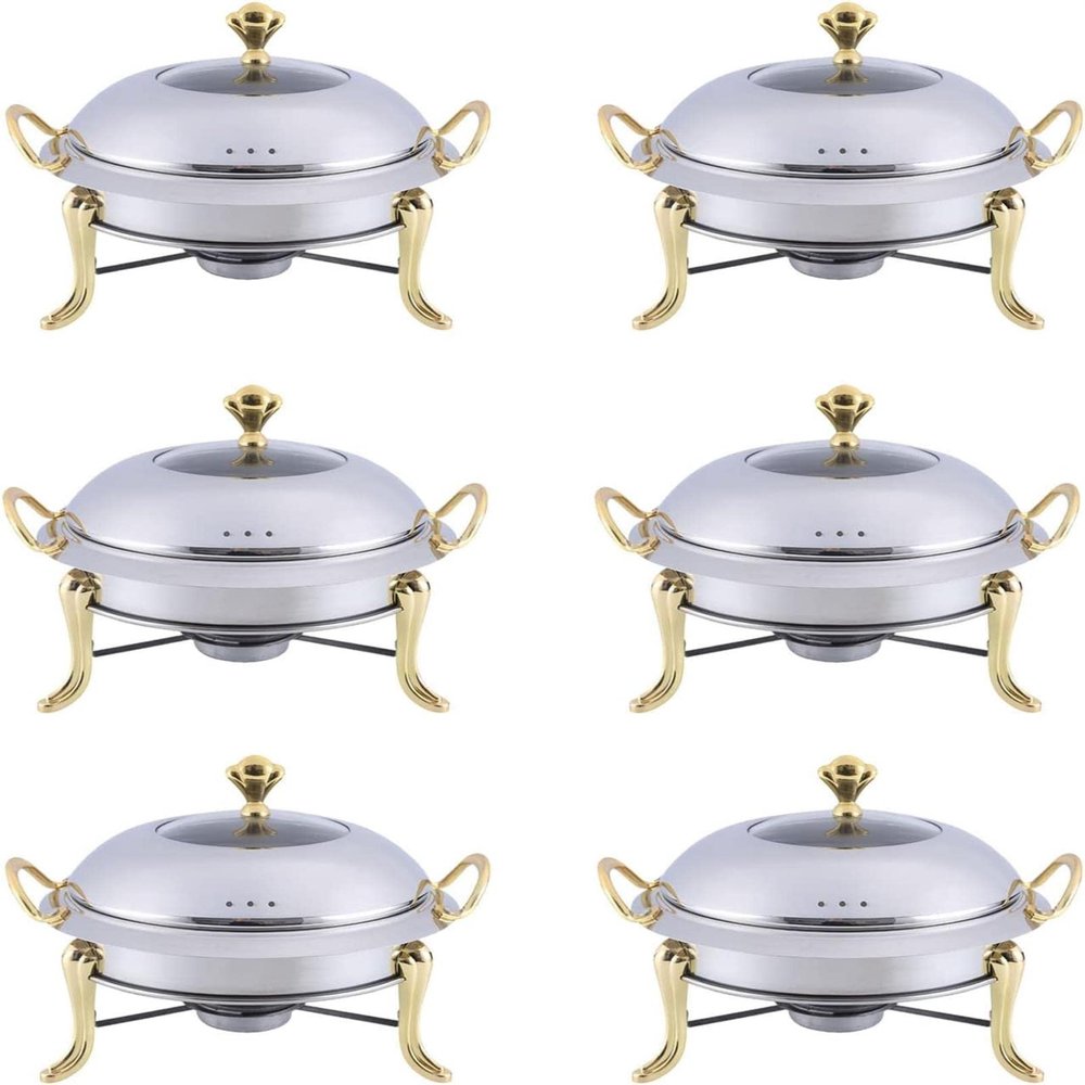 28cm Round Chafing Dishes Food Warmers for Party Wedding Banquet, 1/2/4/6 Packs Stainless Steel Buffet Dining Server Dish Warming Tray with Lid, Food Pan and Fuel Holders,Gold-6 Packs