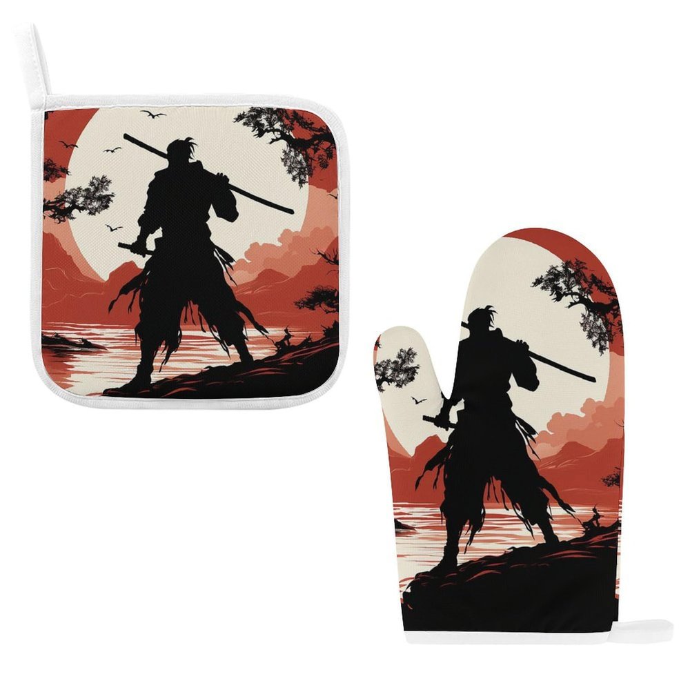 Samurai Oven Mitts and Pot Holders Sets Heat Resistant Microwave Oven Gloves Cotton Lining with Non-Slip Hot Pads for Kitchen Cooking Baking Grilling