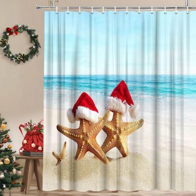 WUASDCS Merry Christmas Shower Curtain Starfish Family with Xmas Hat on Beach Summer Ocean Seaside Blue Sea Happy New Year Bathroom Decor Polyester Fabric Curtains with Hook 70Wx70H Inches