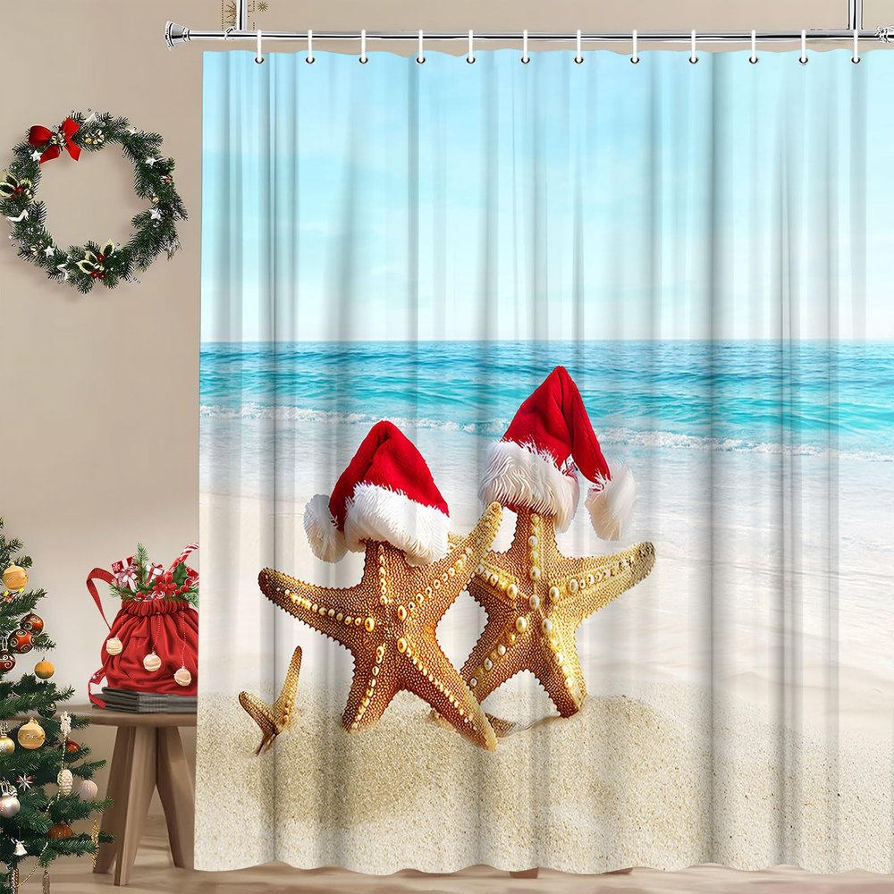 WUASDCS Merry Christmas Shower Curtain Starfish Family with Xmas Hat on Beach Summer Ocean Seaside Blue Sea Happy New Year Bathroom Decor Polyester Fabric Curtains with Hook 70Wx70H Inches