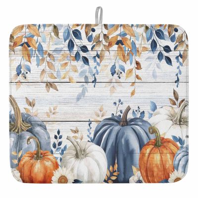 Huotupsine Fall Blue Pumpkins Dish Drying Mat for Kitchen Counter, Vintage Botanical Fall Baby Bottle Microfiber Drying Pad, Orange Thanksgiving Absorbent Coffee Cup Dishes Drainer Mats 16"x18"