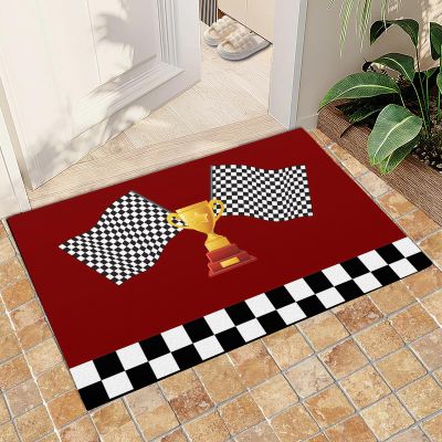 2x3 Racing Black White Checkered Flag Trophy Area Rug, Race Extreme Themed Red Rug, Non-Slip Foldable Hardwearing Washable Mat for Living Room Bedroom Entryway Hallway Gaming Room
