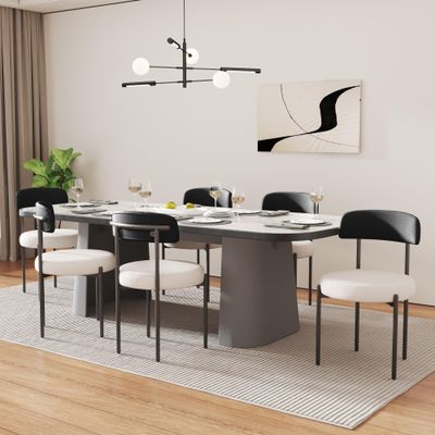 COCO DESIGN Black White Dining Chairs Set of 6, Modern Comfy Boucle Dining Room Chairs with Curved Backrest, Sherpa Upholstered Kitchen Dining Chair with Black Metal Legs
