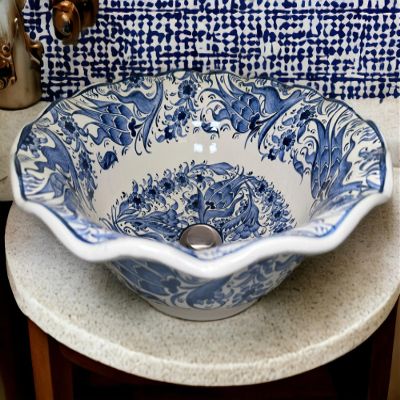 Bathroom Vanity Vessel Blue Sink, Floral Washbasin, Half Bathroom Sink, Pottery Decorative Basin, Ceramic Bath Decor, Remodeling, Midcentury (Diameter: 50 Cm - 20 Inches)