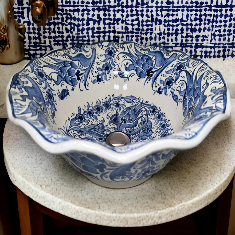 Bathroom Vanity Vessel Blue Sink, Floral Washbasin, Half Bathroom Sink, Pottery Decorative Basin, Ceramic Bath Decor, Remodeling, Midcentury (Diameter: 50 Cm - 20 Inches)