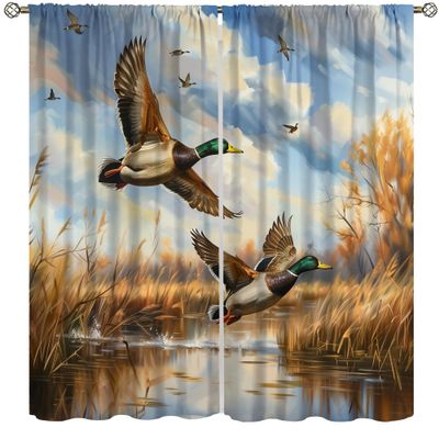 Duck Hunting Curtains, Vintage Rustic Orange Reed Pond Shotgun Forest Mallard Animal Blackout Window Treatments, Thermally Insulated Rod Pocket Drapes For Farmhouse Living Room Bedroom 84x84in