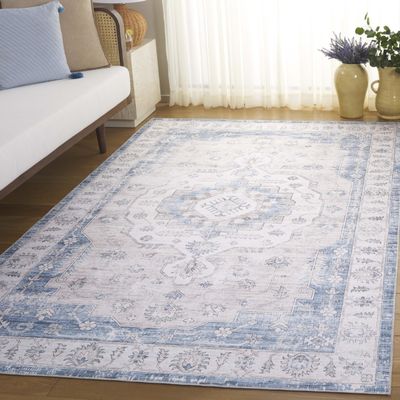Safavieh Washable Rug Arizona Collection - 4' x 6', Grey & Blue, Slip Resistant & Easy to Clean, Ideal for Foyer, Kitchen, Nursery, Office, Bedroom (ARZ216F)