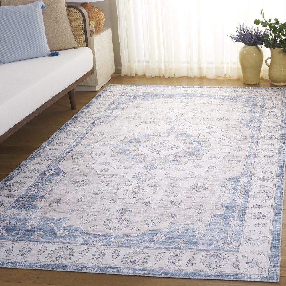 Safavieh Washable Rug Arizona Collection - 4' x 6', Grey & Blue, Slip Resistant & Easy to Clean, Ideal for Foyer, Kitchen, Nursery, Office, Bedroom (ARZ216F)