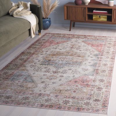 Safavieh Washable Rug Arizona Collection - 5' x 8', Olive & Red, Slip Resistant & Easy to Clean, Ideal for Living Room, Bedroom, Home Office, Dining Space (ARZ229X)